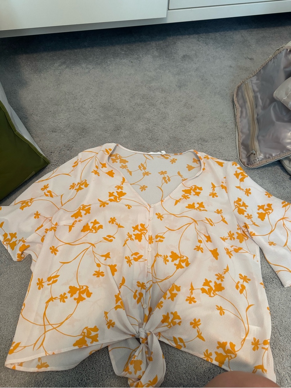 Women's Cream Blouse with Yellow Floral Tie-Front